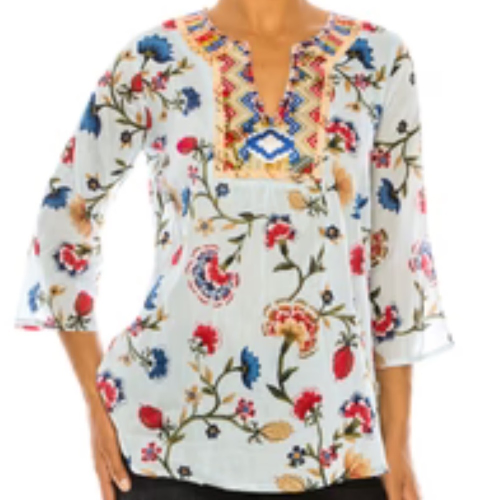 Light Blue Floral Boho Tunic with Embroidery - S